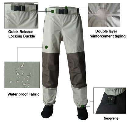 Men's/Women's Durable 3-Layer Fishing Waist Waders Breathable and Waterproof with Neoprene Knee Pad