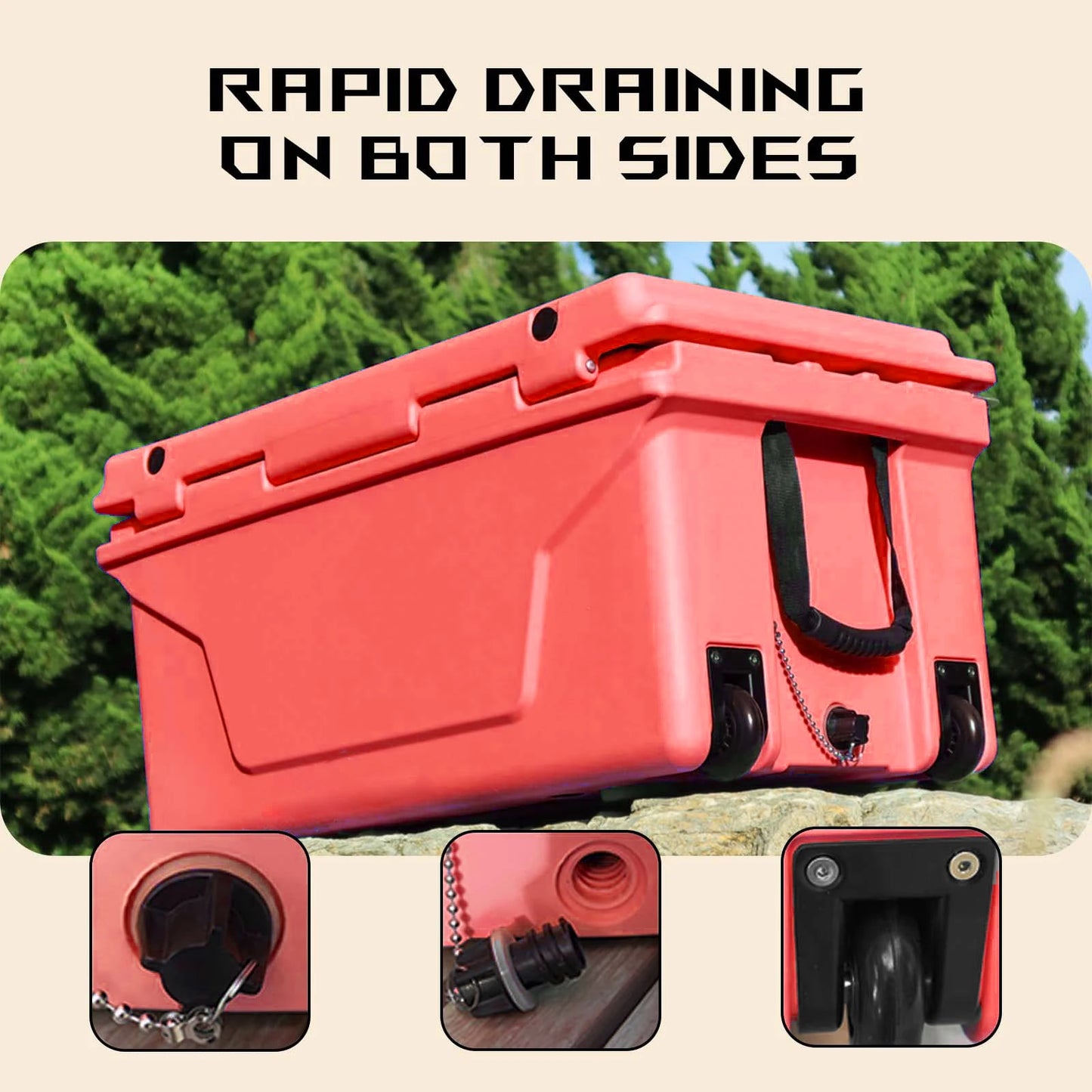 65QT Outdoor Cooler Box Ice Chest Box Camping Fishing Field Bar Cooler Box with Wheeled Patio Storage Rotomolded Cooler