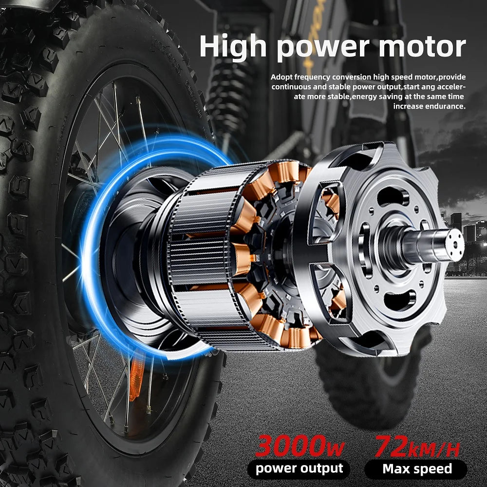 Peak Motor 3000W 45MPH 60V 20Ah Removable Li-ion Battery Dual Hydraulic Disc Brake Fat Tire Electric Mountain Bike with E-ABS