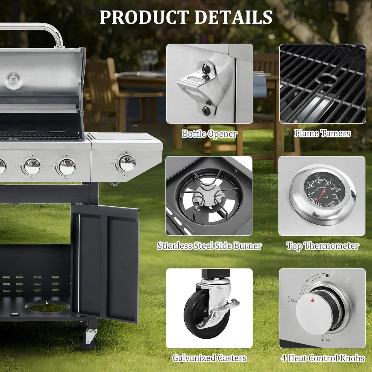 Propane Grill 4 Burner Barbecue Grill Stainless Steel Gas Grill with Side Burner 46,500 BTU Outdoor Cooking Garden Barbecue