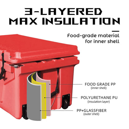 65QT Outdoor Cooler Box Ice Chest Box Camping Fishing Field Bar Cooler Box with Wheeled Patio Storage Rotomolded Cooler