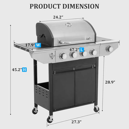 Propane Grill 4 Burner Barbecue Grill Stainless Steel Gas Grill with Side Burner 46,500 BTU Outdoor Cooking Garden Barbecue
