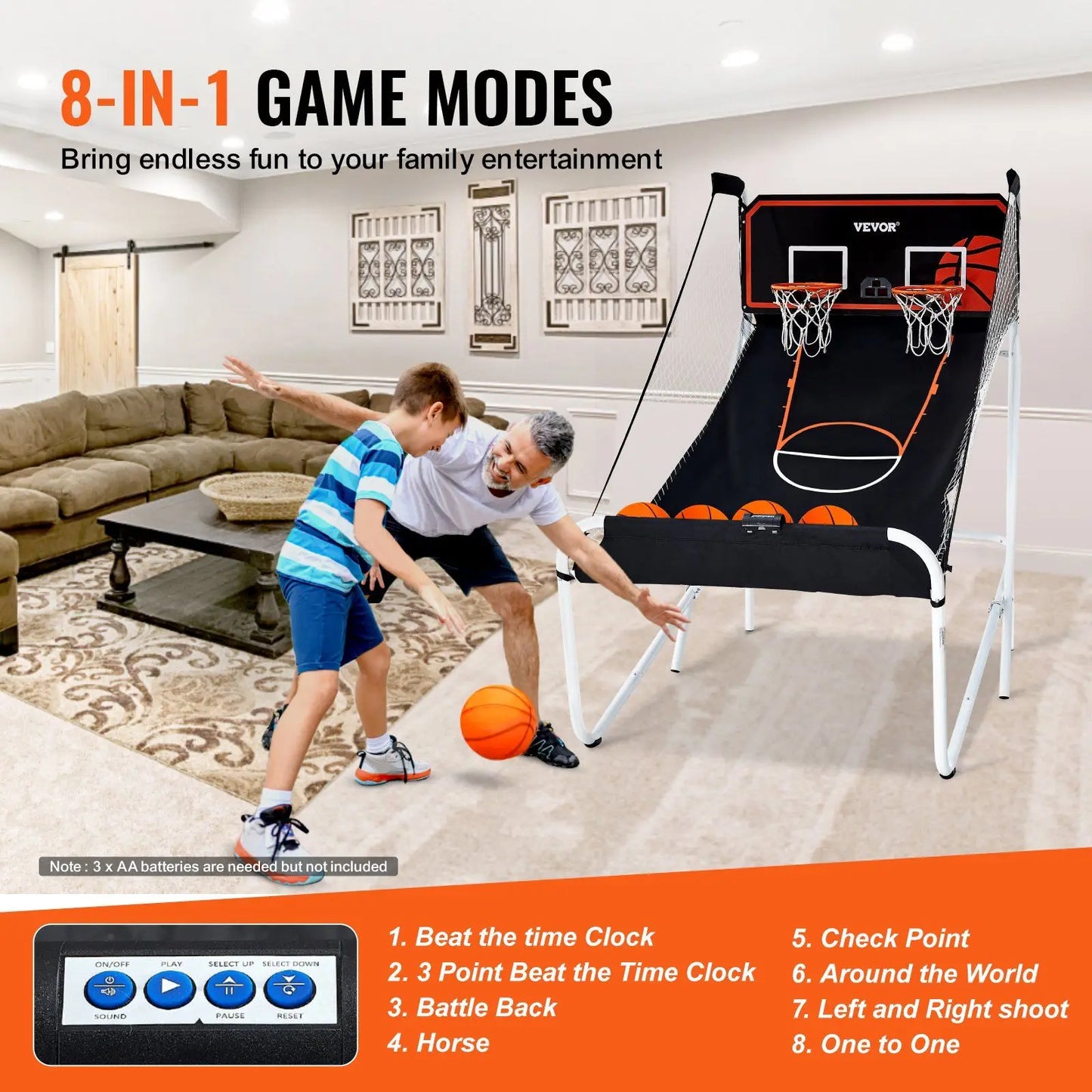 2-Player Indoor Basketball Arcade Game Foldable 5-Ball Home Dual Shot Sport with 8 Game Modes