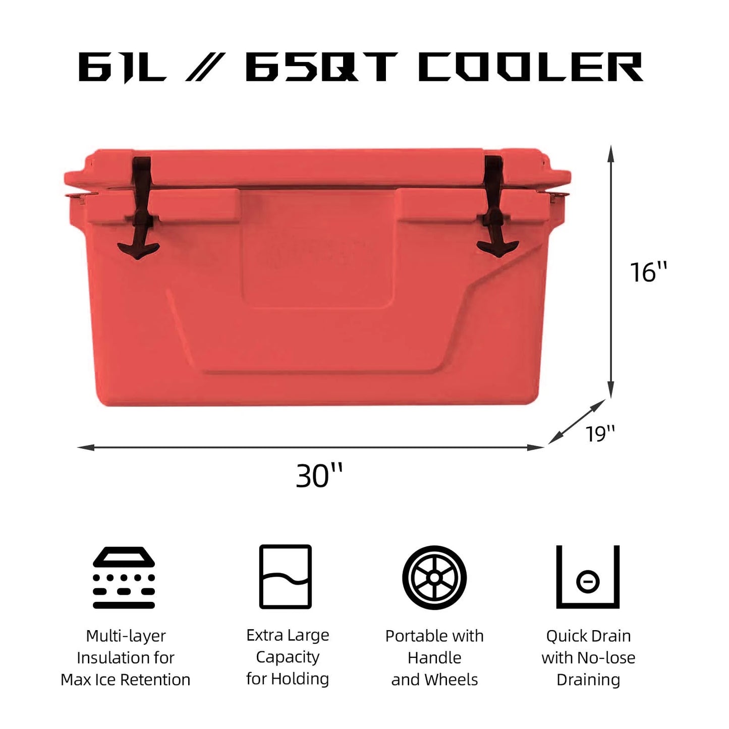 65QT Outdoor Cooler Box Ice Chest Box Camping Fishing Field Bar Cooler Box with Wheeled Patio Storage Rotomolded Cooler