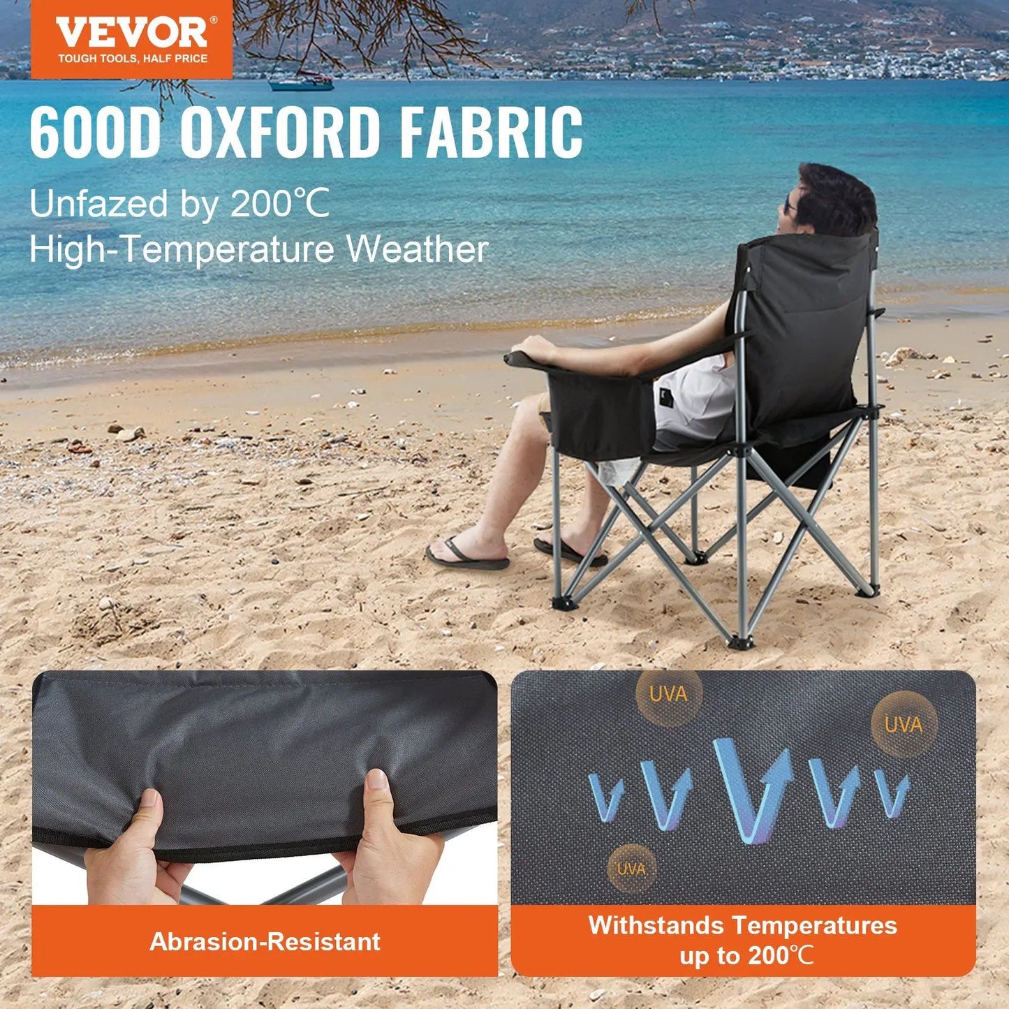 Black Portable Heavy-Duty Camping Folding Chair for Adults Outdoor Quad Lumbar Back Padded Armchairs Side Pockets Cup Holder