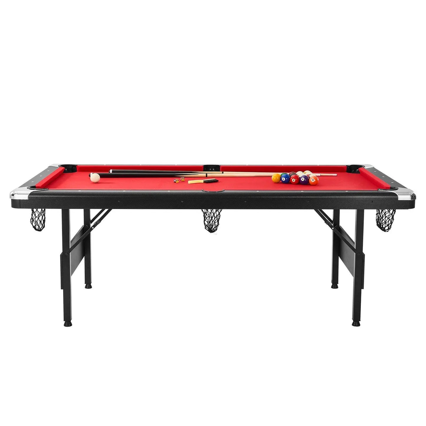 7 Ft Portable Foldable Pool Table Set Space-Saving Black Red Cloth Includes Balls Cues Brush for Family Game Room Kids Adults