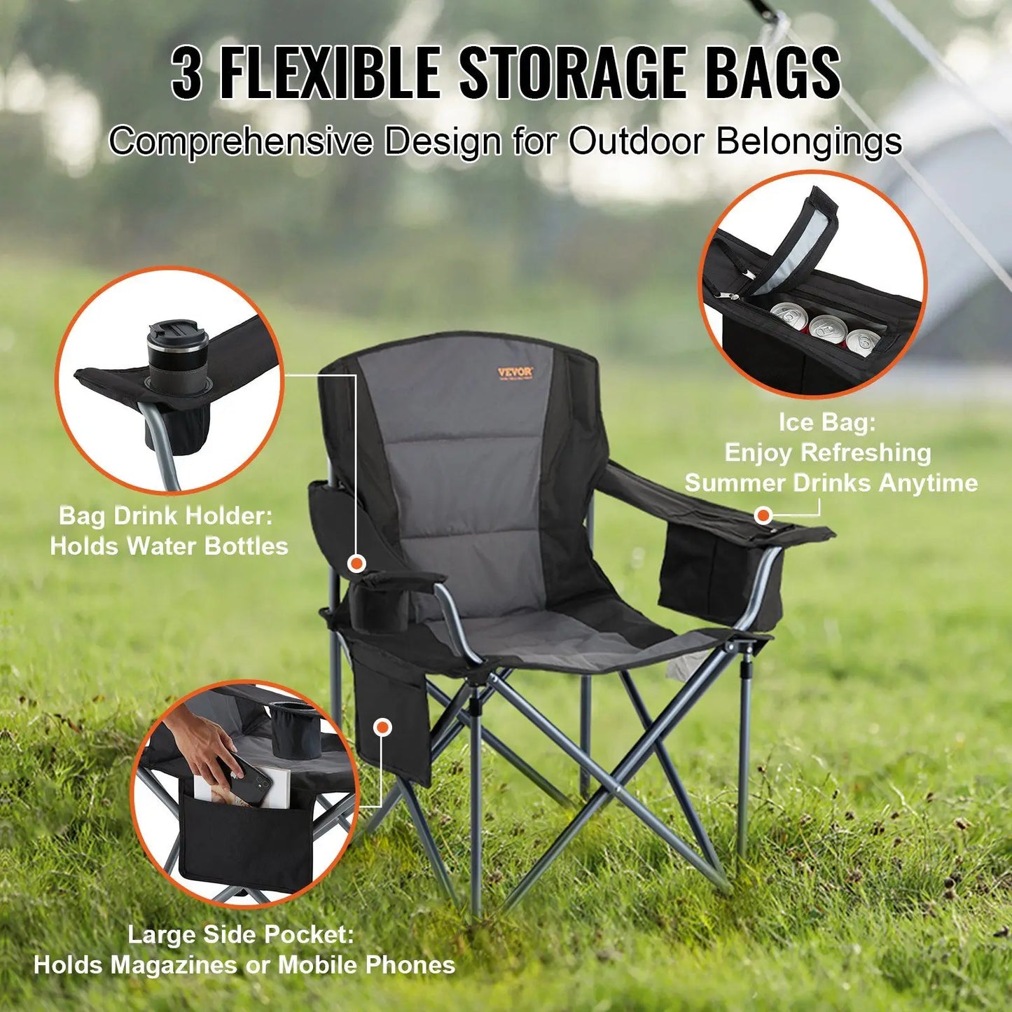 Black Portable Heavy-Duty Camping Folding Chair for Adults Outdoor Quad Lumbar Back Padded Armchairs Side Pockets Cup Holder