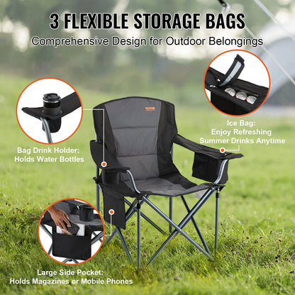 Black Portable Heavy-Duty Camping Folding Chair for Adults Outdoor Quad Lumbar Back Padded Armchairs Side Pockets Cup Holder