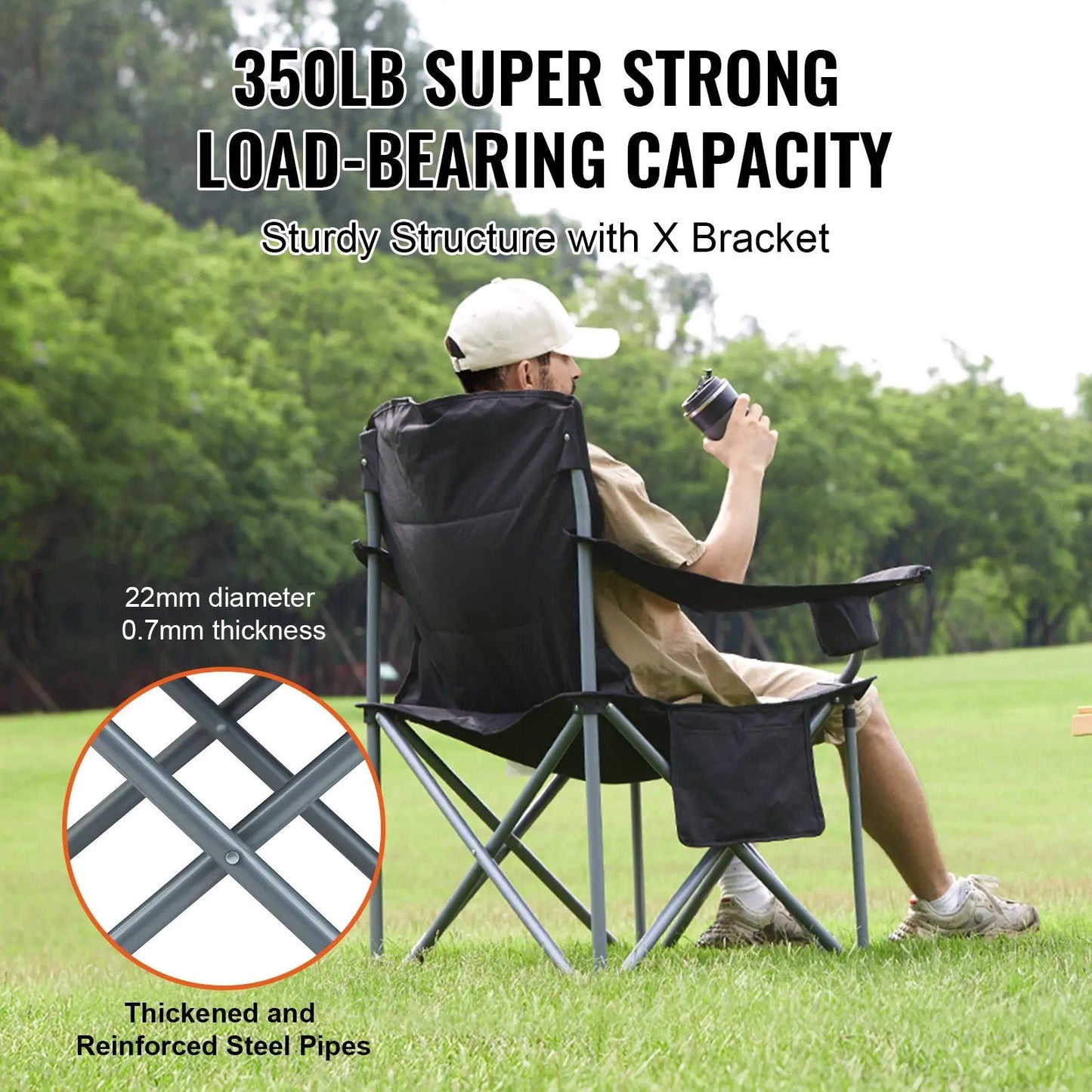Black Portable Heavy-Duty Camping Folding Chair for Adults Outdoor Quad Lumbar Back Padded Armchairs Side Pockets Cup Holder