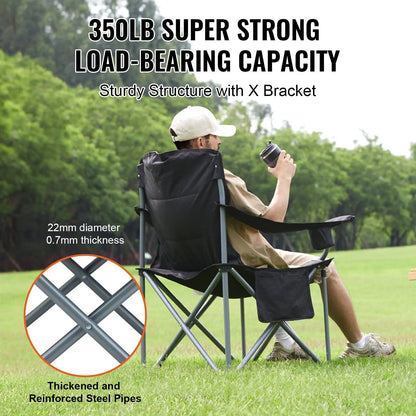 Black Portable Heavy-Duty Camping Folding Chair for Adults Outdoor Quad Lumbar Back Padded Armchairs Side Pockets Cup Holder