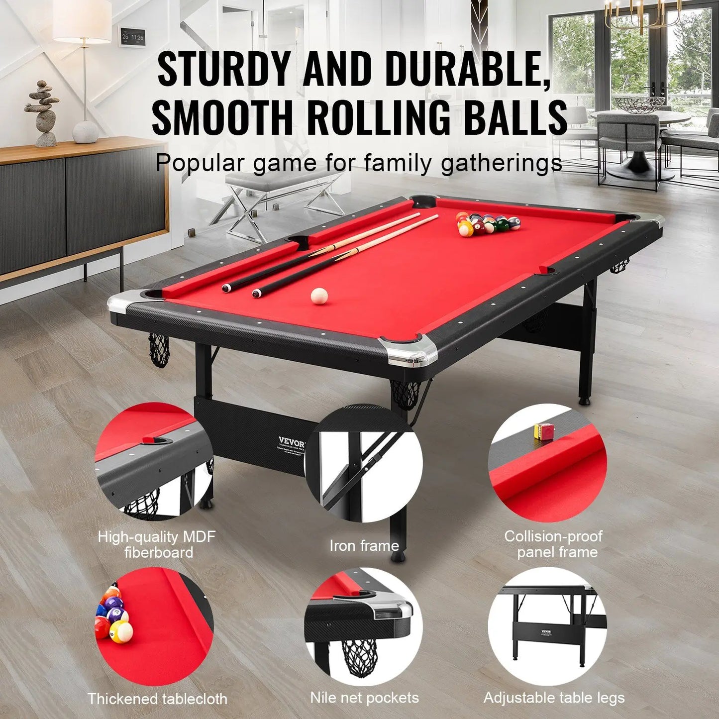 7 Ft Portable Foldable Pool Table Set Space-Saving Black Red Cloth Includes Balls Cues Brush for Family Game Room Kids Adults