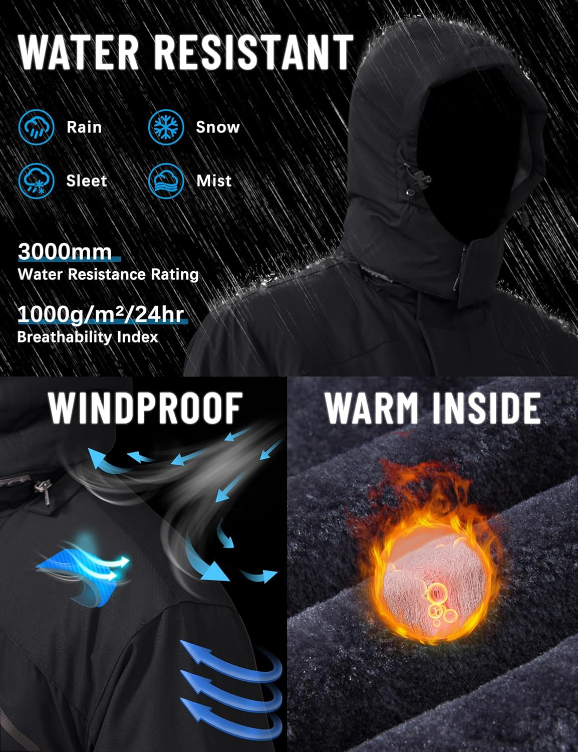 Men'S Winter Skiing Jackets Water Resistant Fleece Coats Insulated Thermal Snowboard Jacket Parka Raincoat with Hood