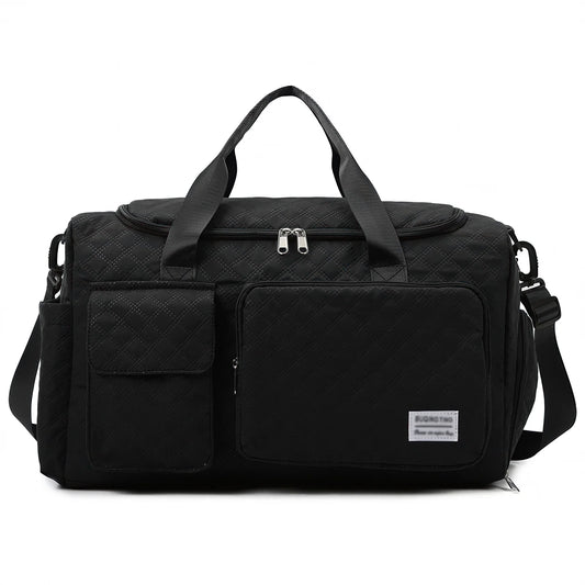 Travel Duffle Bag for Women Men, Weekender Bags Carry on Gym Bag with Wet Pocket/Adjustable Strap/Shoe Compartment, Foldable Waterproof Overnight Tote Bag for Plane Sports Dance, Black