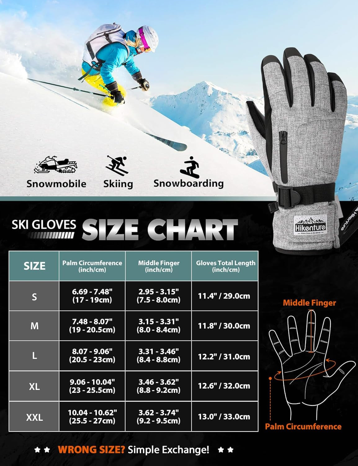Snow Gloves for Men&Women, 3M Thinsulate Waterproof Skiing Gloves with Pocket and Touchscreen Functionality