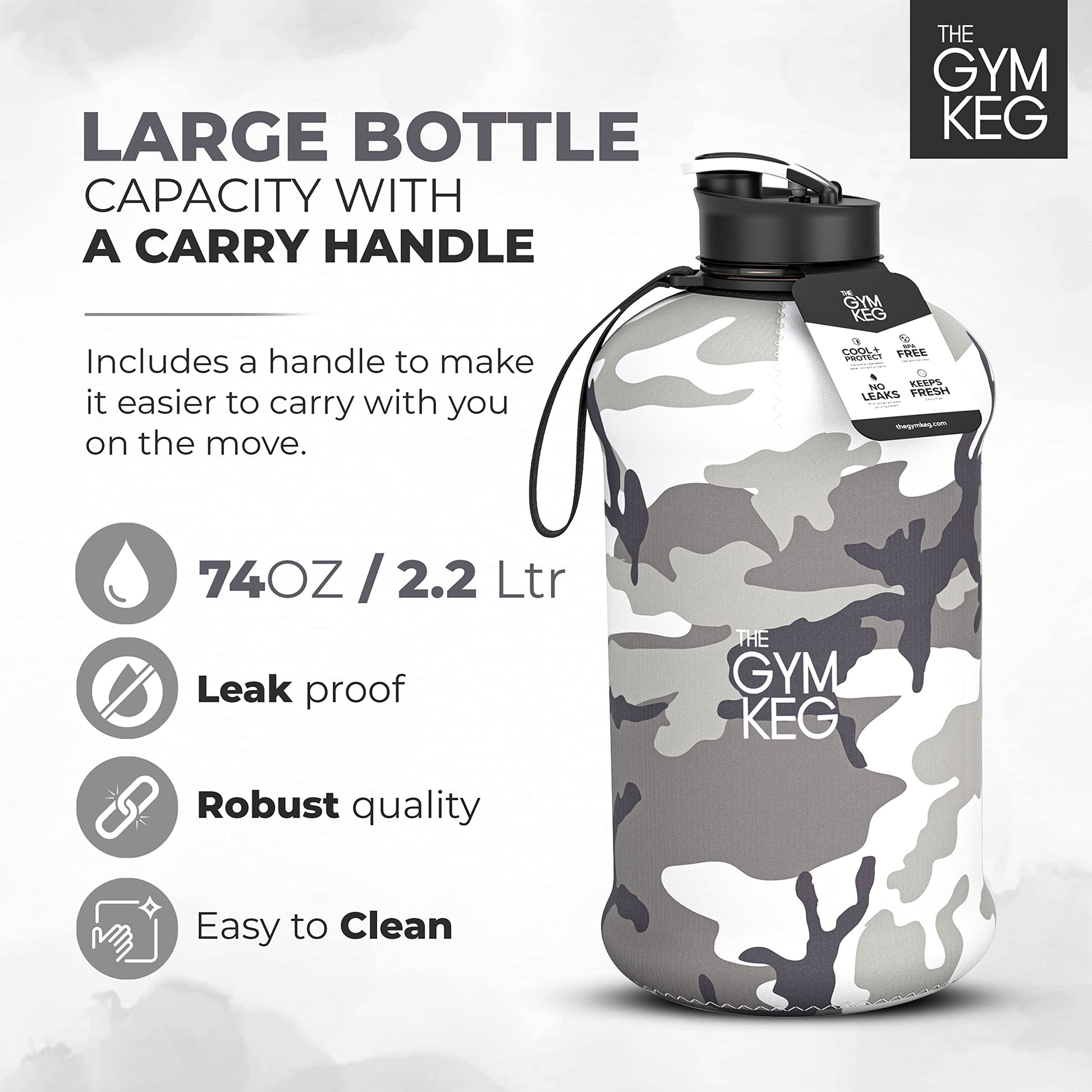 Sports Water Bottle 2.2 L Insulated Half Gallon Carry Handle Big Water