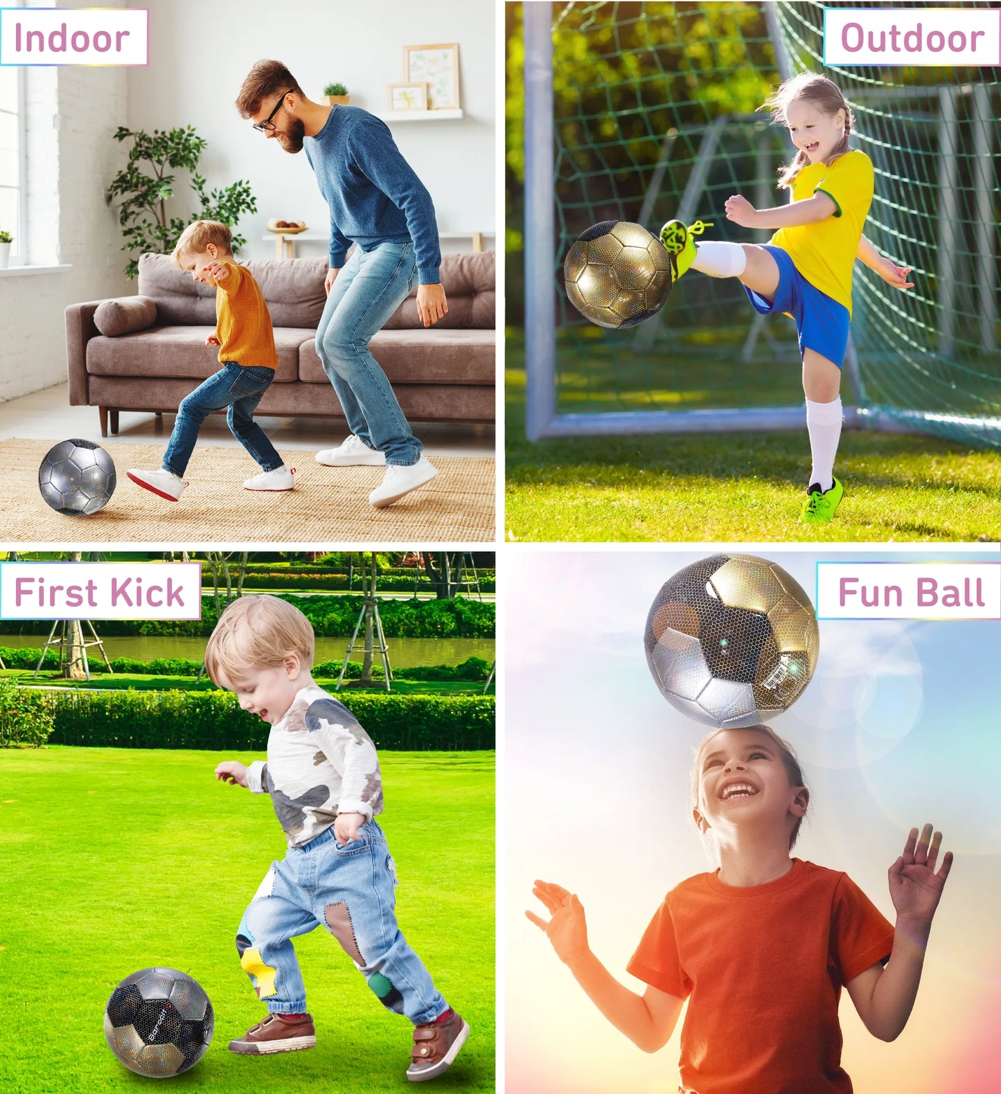 Barocity Mix Silver, Black, Gold Soccer Ball- Premium Size 3 with Reflective Iridescent Rainbow Hex Pattern, Boys and Girls, Kids for Indoor and Outdoor Playtime