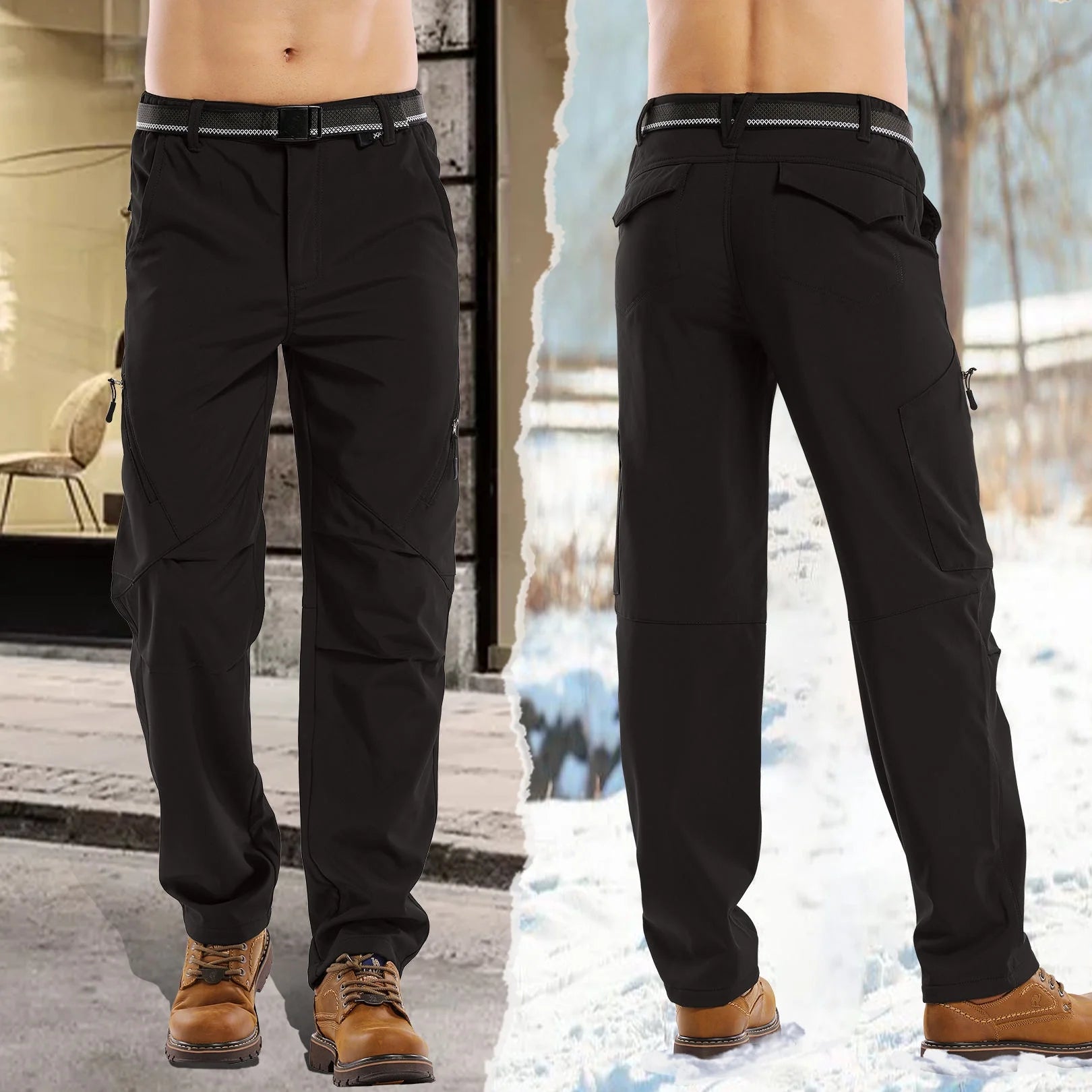 Mens Snow Pants,Waterproof Fleece Lined Winter Regular Fit Pants Black 38