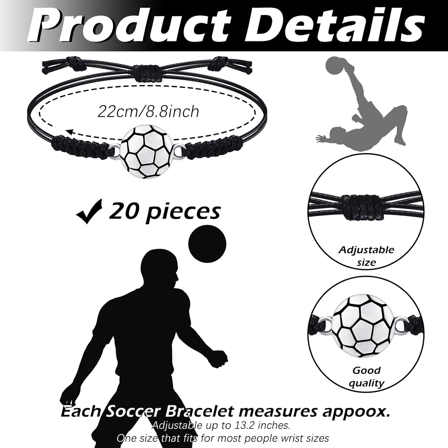 20 Pieces Soccer Charm Bracelets Bulk Soccer Team Gifts Sport Coach Gifts Adjustable Braided Rope Pendant for Women Men Coach Players Souvenir