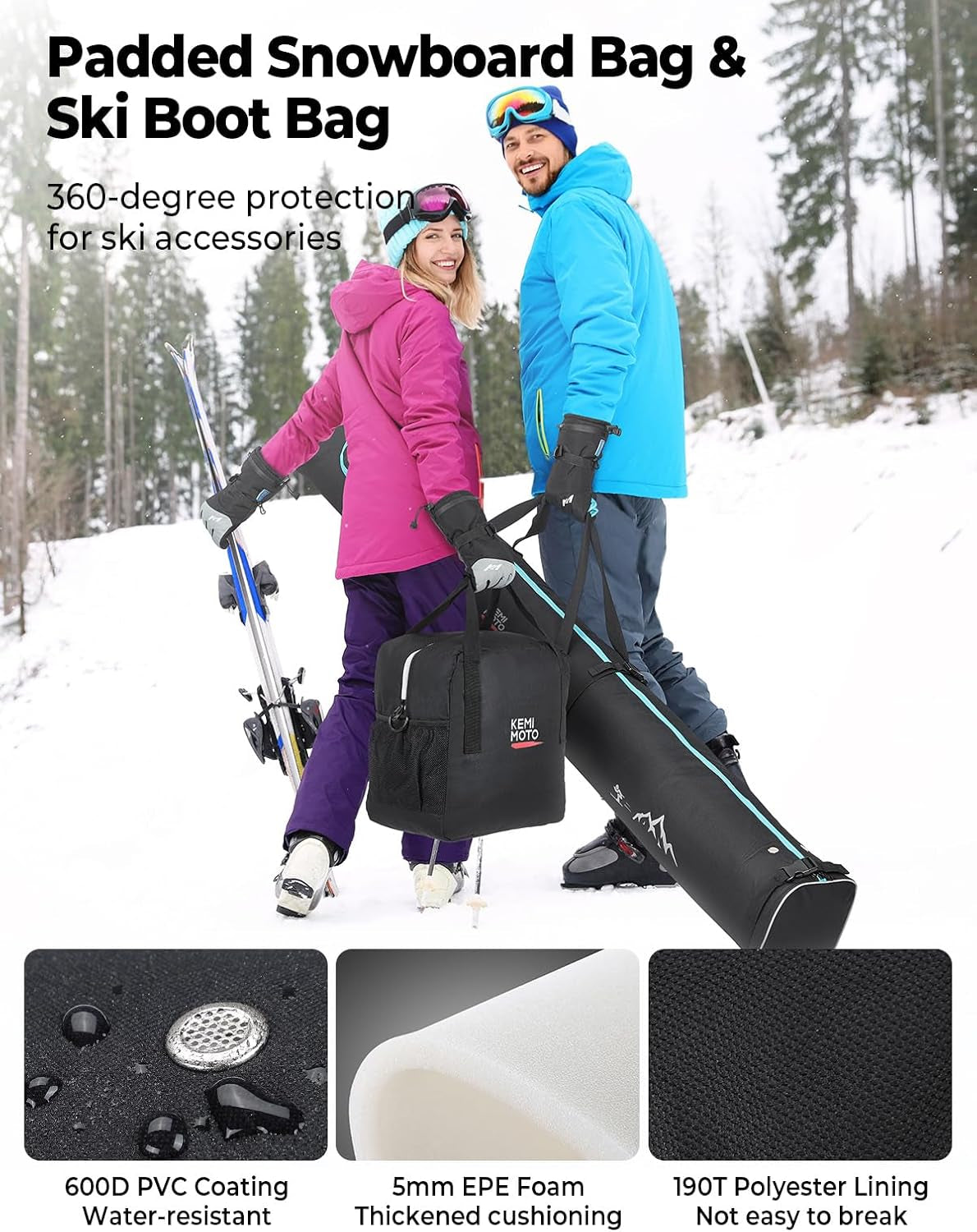Ski Bag and Boot Bag Combo, Snowboard Bag Padded Ski Bags for Air Travel, Snow Ski Bags Fit Skis up to 200Cm, Ski Double Bag Combo