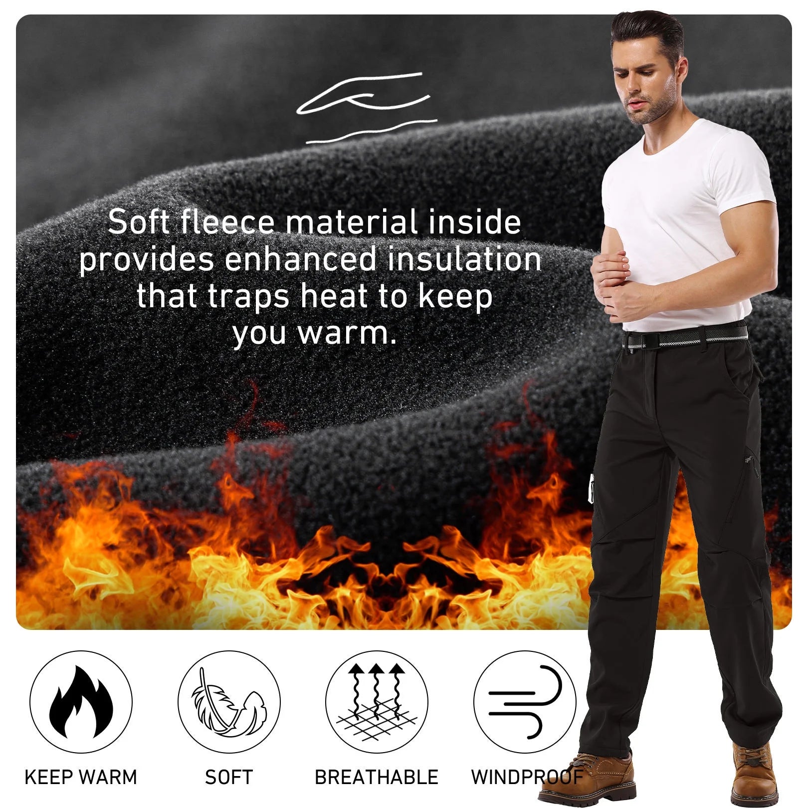 Mens Snow Pants,Waterproof Fleece Lined Winter Regular Fit Pants Black 38