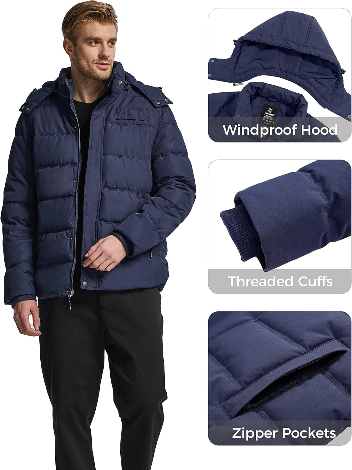 Men'S Hooded Winter Coat Warm Puffer Jacket Thicken Cotton Coat with Removable Hood