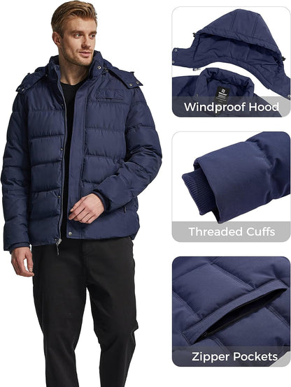 Men'S Hooded Winter Coat Warm Puffer Jacket Thicken Cotton Coat with Removable Hood