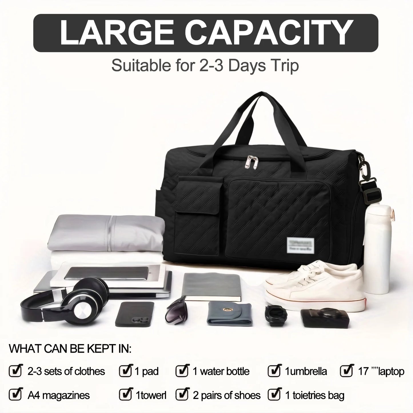 Travel Duffle Bag for Women Men, Weekender Bags Carry on Gym Bag with Wet Pocket/Adjustable Strap/Shoe Compartment, Foldable Waterproof Overnight Tote Bag for Plane Sports Dance, Black