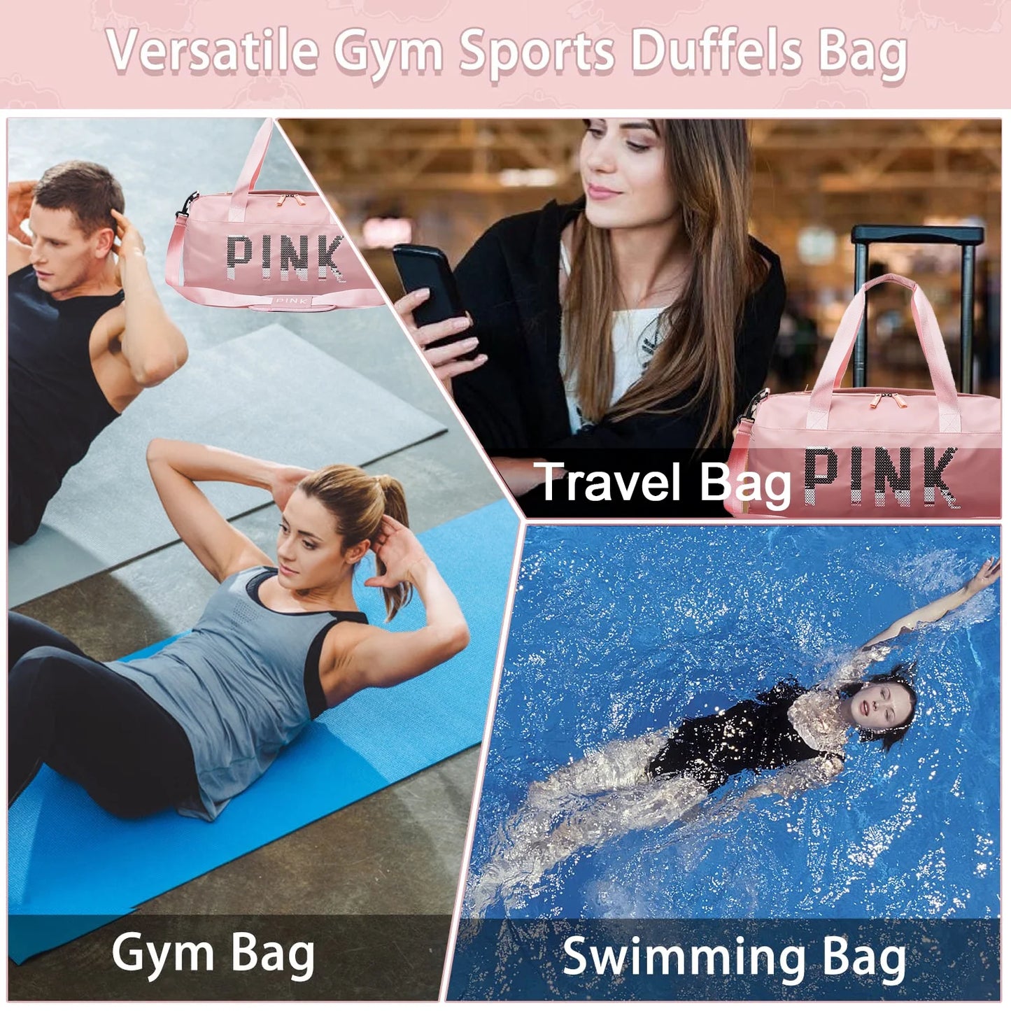 Gym Bag Sports Travel Duffel Bags for Women Weekender Overnight Tote Carry on Bag with Shoes Compartment Pink
