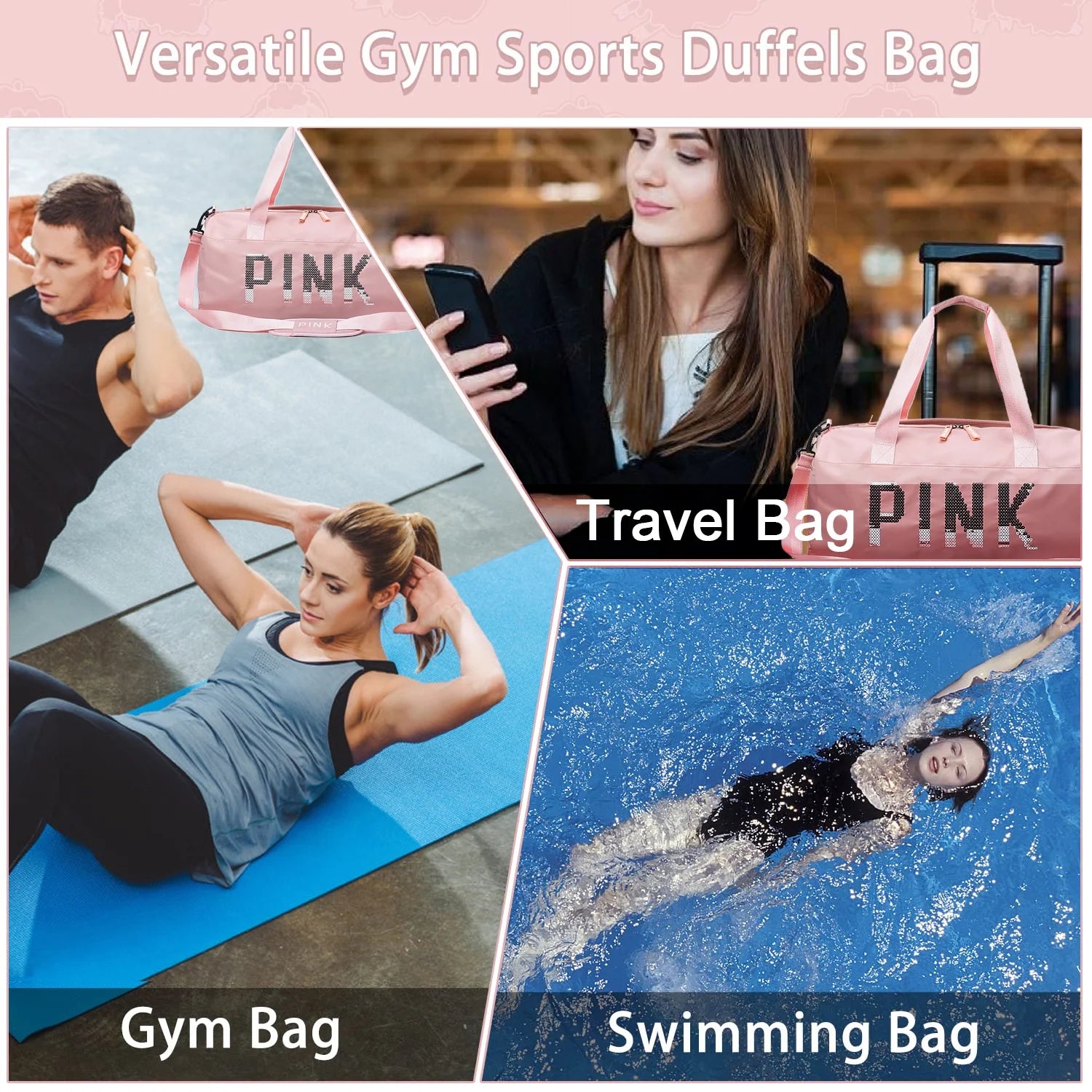 Gym Bag Sports Travel Duffel Bags for Women Weekender Overnight Tote Carry on Bag with Shoes Compartment Pink