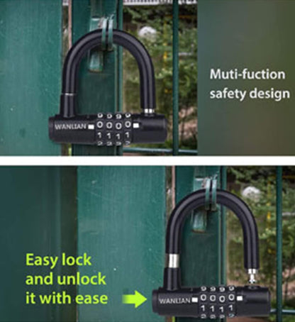 Bicycle Lock Cable,Bicycle Chain Lock,Safety Chain Lock Kit,Heavy Duty Motorcycle Lock,Bicycle Lock,4-Digit Padlock,Bicycle U-Shaped Lock with Cable,12Mm Shackle and 10Mm X 1.8M Cable,Steel Chain Lock