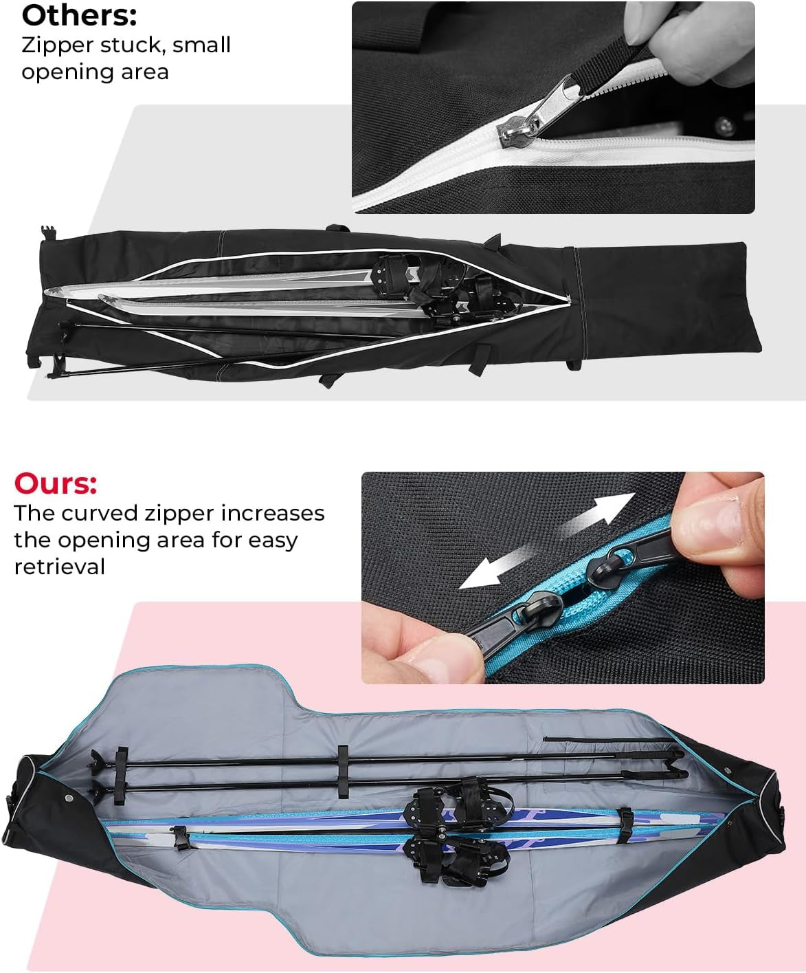 Ski Bag and Boot Bag Combo, Snowboard Bag Padded Ski Bags for Air Travel, Snow Ski Bags Fit Skis up to 200Cm, Ski Double Bag Combo